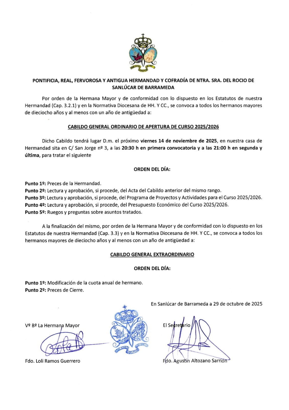 Cabildo General Ordinario de Apertura de Curso 2025/26 y Cabildo General Extraordinario